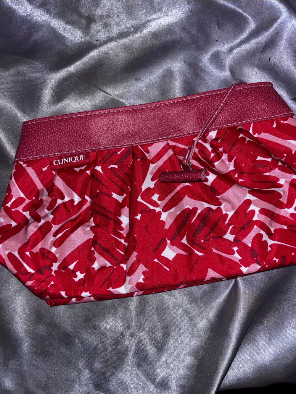 Clinique Red and Pink Patterned Cosmetic Bag